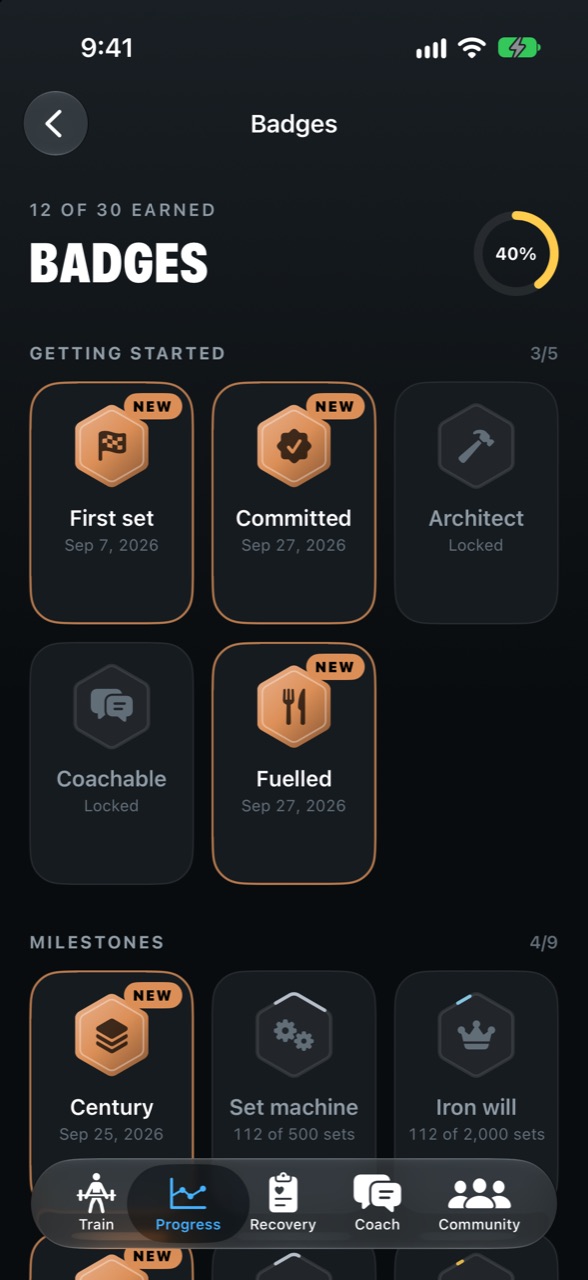 Badges: 12 of 30 earned, with First set, Committed, Fuelled and Century