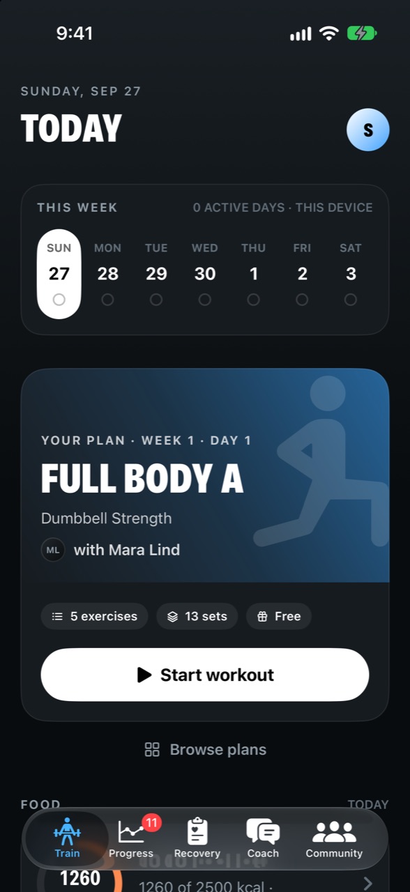 The Train tab: this week, the next workout of the Dumbbell Strength plan with coach Mara Lind, and today's food